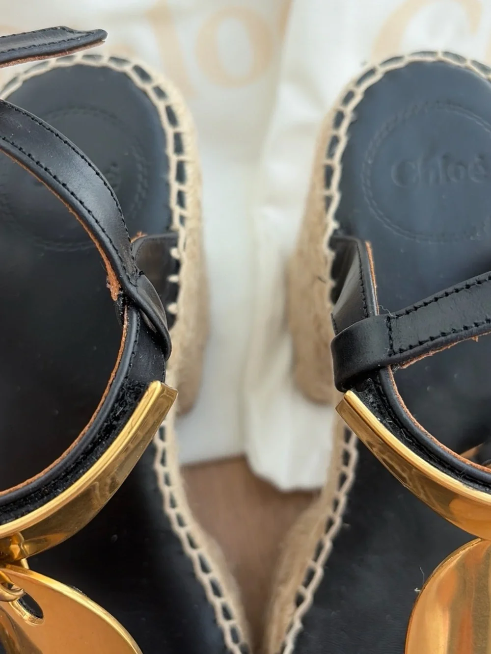Chloé Black Leather Espadrille Sandals with Gold-Tone Oval Charms